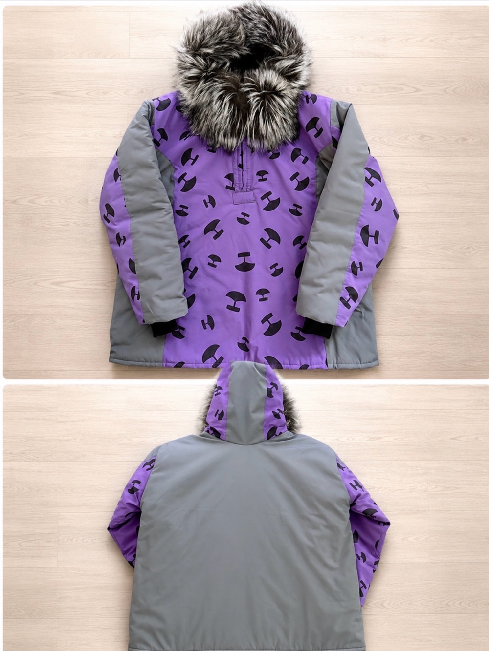 Women's Purple & Gray Insulated Puffer Jacket with real silver fox Fur Hood